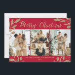 Elegant Gold Red Leaves 4 Photo Christmas Card<br><div class="desc">Elegant, Modern Gold and Red Botanical Leaves 4 Photo Collage Merry Christmas Holiday Card. This festive, mimimalist, whimsical four (4) grid photo collage holiday card template features a pretty photo collage, faux gold foil botanical leaves, winterberries and says Merry Christmas! The „Merry Christmas” greeting text is written in a beautiful...</div>