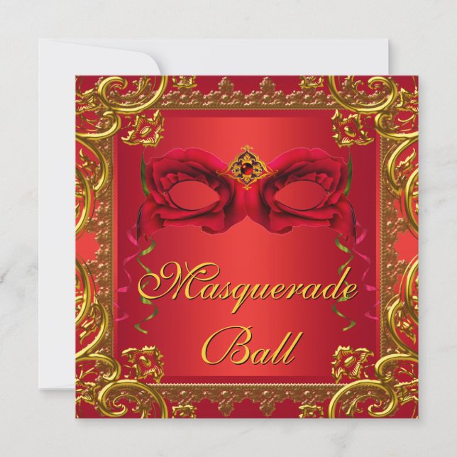 Elegant Gold Red Mask Red Masquerade Party Invitation (Front)
