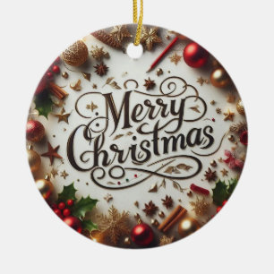 Elegant Gold & Red Merry Christmas Ceramic Ornament