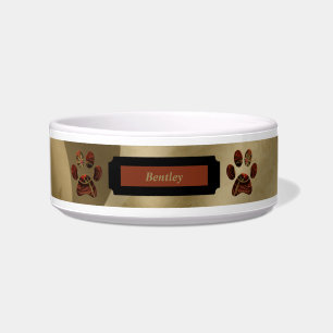 Elegant Gold Red Monogrammed Dog Bowl with Paws