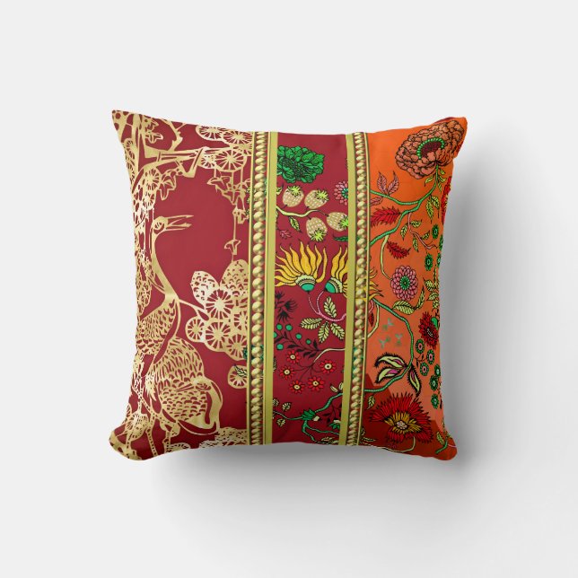 Elegant Gold, Red, Orange Florals Throw Pillow (Front)