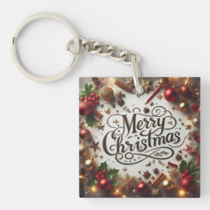 Elegant Gold & Red Ornaments Merry Christmas Key Ring