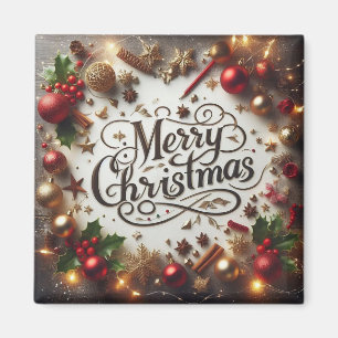 Elegant Gold & Red Ornaments Merry Christmas Magnet