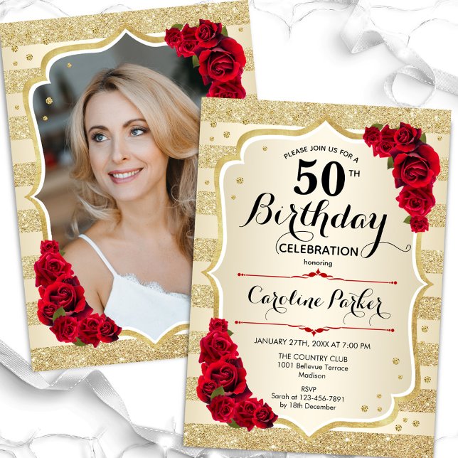 Elegant Gold Red Photo 50th Birthday Invitation (Creator Uploaded)