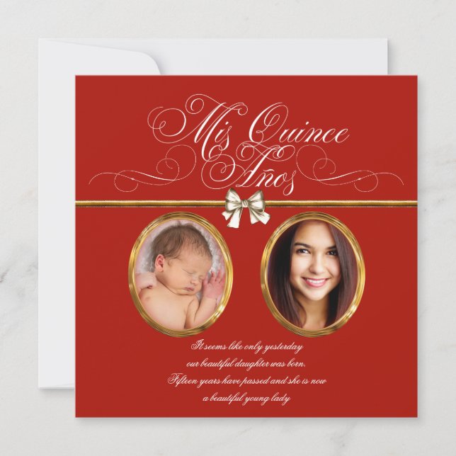Elegant Gold Red Photo Quinceanera Invitations (Front)