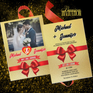 Elegant Gold & Red Ribbon Custom Photo Wedding Invitation