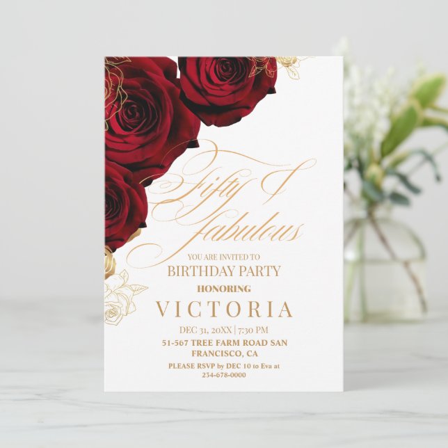 Elegant Gold & Red Rose 50th Birthday Party Invitation (Standing Front)