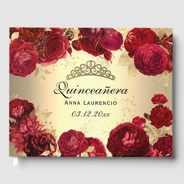 Elegant Gold Red Roses Quinceanera Custom Guest Book (Front)