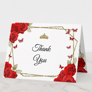 Elegant Gold Red Roses Quinceanera Thank You Card