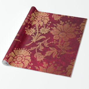 Elegant gold red royal damask floral pattern wrapping paper