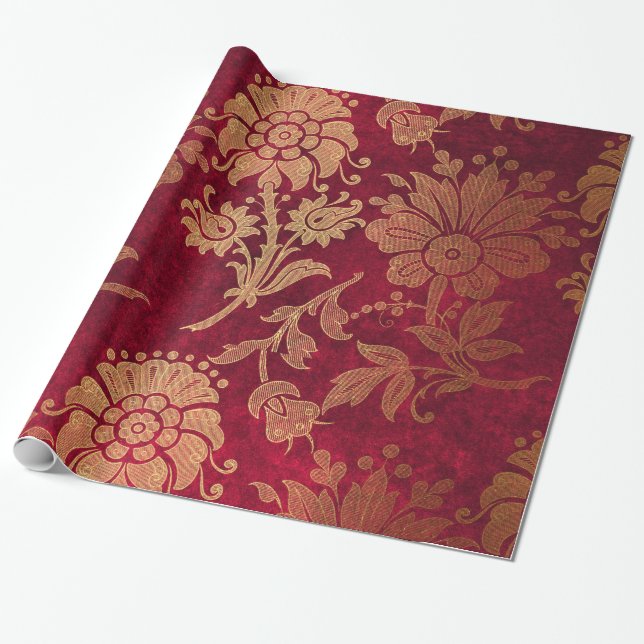 Elegant gold red royal damask floral pattern wrapping paper (Unrolled)