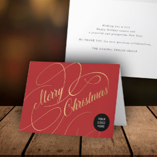 Elegant gold red script business corporate logo holiday card