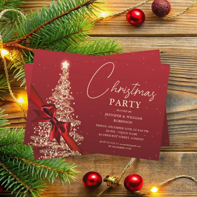 Elegant Gold Red Shimmering Xmas Tree Holiday  Invitation (Elegant Gold Red Shimmering Xmas Tree Holiday Invitation)