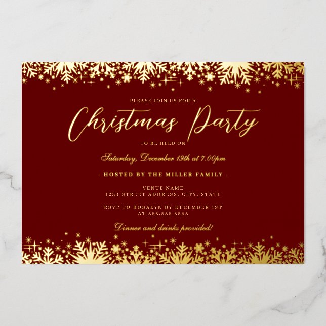 Elegant Gold Red Snowflake Christmas Party (Front)