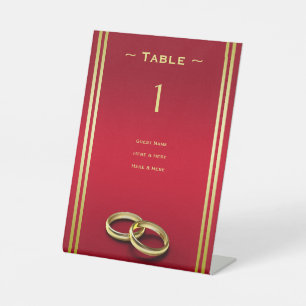 Elegant Gold & Red, Wedding Rings Table Number Pedestal Sign