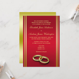 Elegant Gold & Red, Wedding Rings Wedding Invitation