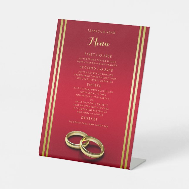Elegant Gold & Red, Wedding Rings Wedding Menu Pedestal Sign (Front)