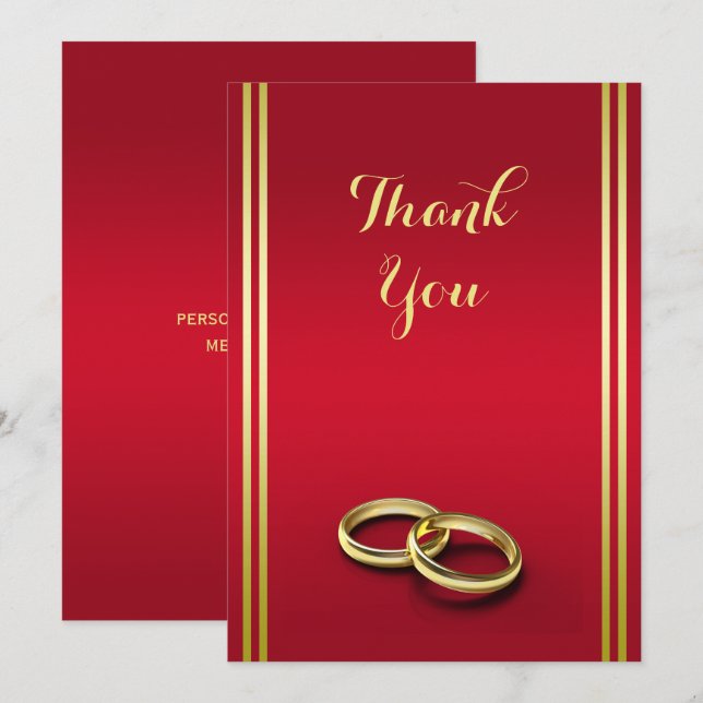 Elegant Gold & Red, Wedding Rings Wedding Thank You Card (Front/Back)