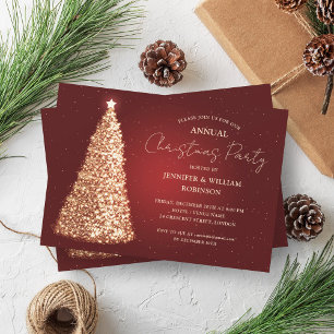 Elegant Gold Red Xmas Tree Sparkle Holiday Party Invitation