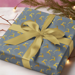 Elegant Gold Reindeer Blue Christmas Holiday Wrapping Paper