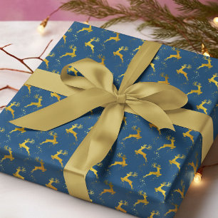 Elegant Gold Reindeer Blue Christmas Holiday Wrapping Paper