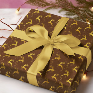 Elegant Gold Reindeer Brown Christmas Holiday Wrapping Paper