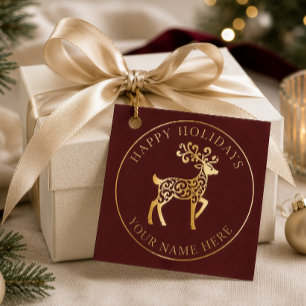 Elegant Gold Reindeer Burgundy Holiday Gift Tag