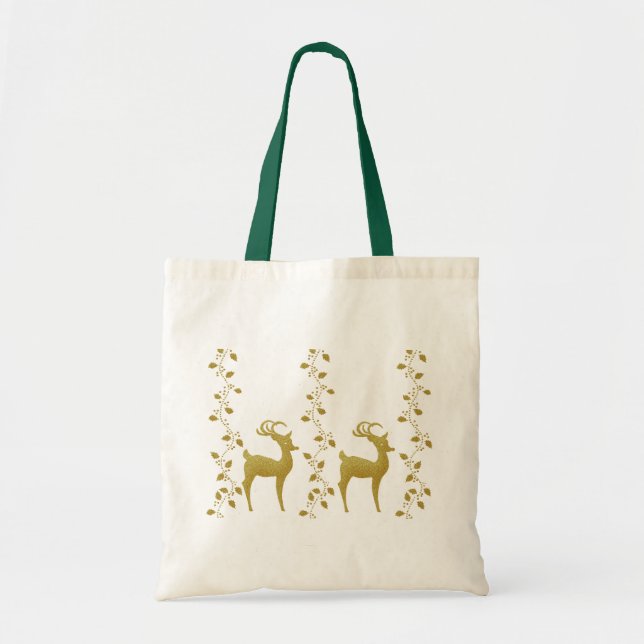 Elegant gold reindeer Christmas holiday gifts bag (Front)