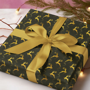 Elegant Gold Reindeer Green Christmas Holiday Wrapping Paper