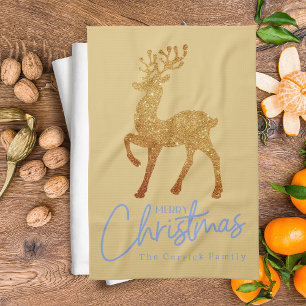 Elegant Gold Reindeer Merry Christmas Script Tea Towel