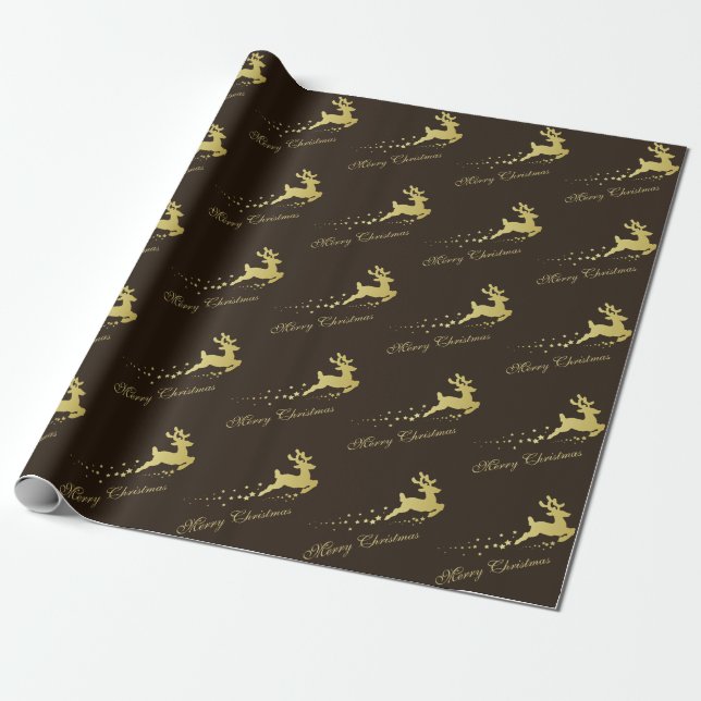 Elegant Gold Reindeer Merry Christmas Stars Wrapping Paper (Unrolled)