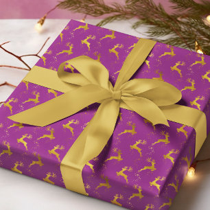 Elegant Gold Reindeer Purple Christmas Holiday Wrapping Paper