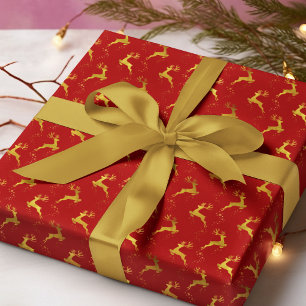 Elegant Gold Reindeer Red Christmas Holiday Wrapping Paper