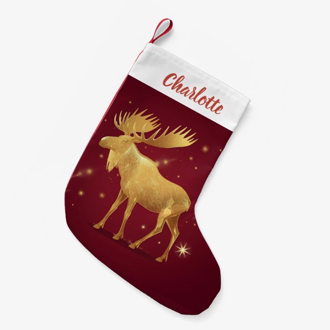 Elegant gold reindeer red merry christmas pattern small christmas stocking (Front (Hanging))