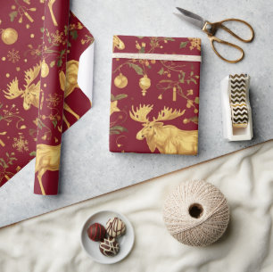 elegant gold reindeer red merry christmas pattern wrapping paper