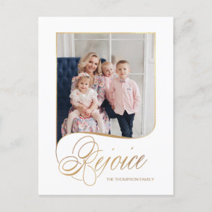 Elegant Gold Rejoice Calligraphy Script Photo Holiday Postcard