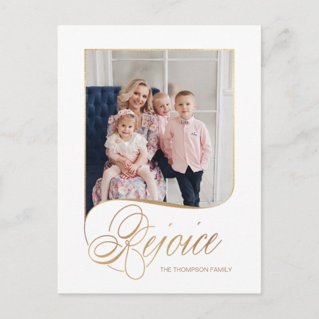 Elegant Gold Rejoice Calligraphy Script Photo Holiday Postcard (Front)