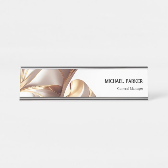 Elegant Gold Ribbon Abstract Custom Office Desk  Name Plate (Front)