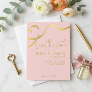 Elegant Gold Ribbon Heart and Blush Pink Save The Date
