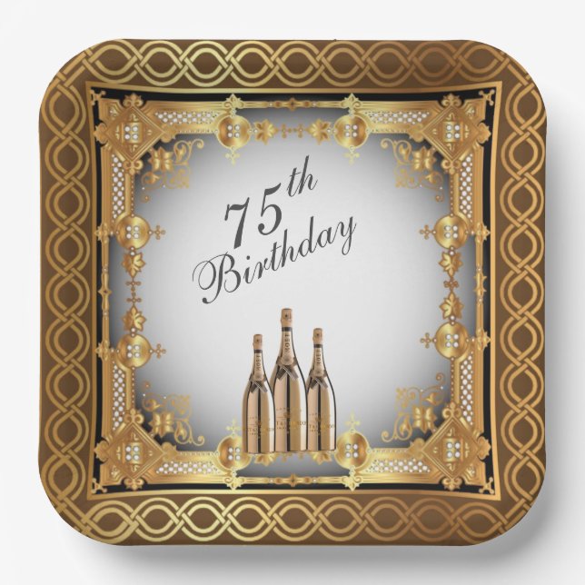 Elegant Gold Rim 75th Birthday Party  Paper Plate (Front)