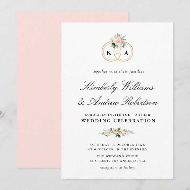 Elegant gold ring blush pink floral wedding invitation (Front/Back)