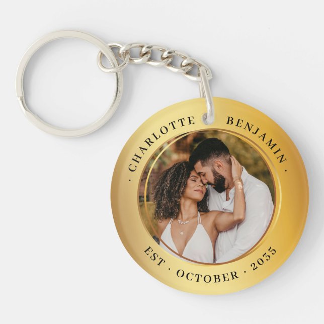 Elegant Gold Rings Couple Photo Wedding Keepsake Key Ring (Front)