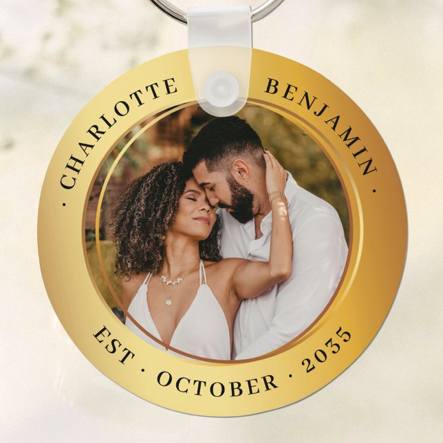 Elegant Gold Rings Couple Photo Wedding Keychain (Creator Uploaded)