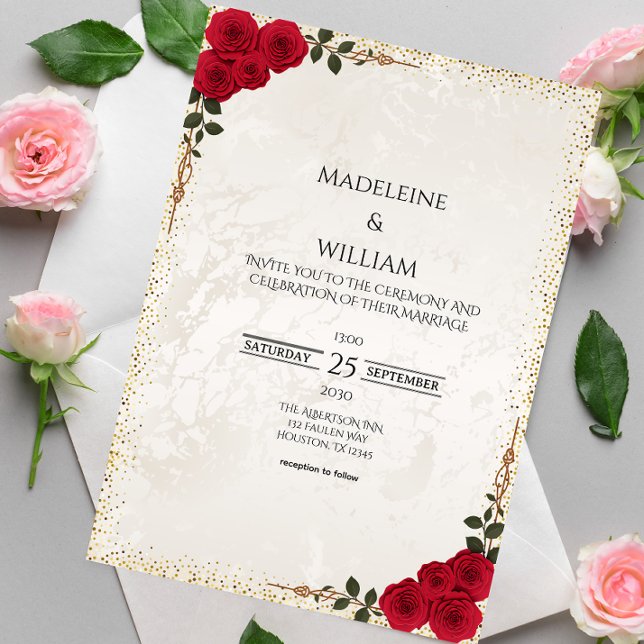 Elegant Gold Romantic Red Roses  Wedding Invitation (Creator Uploaded)