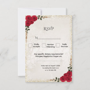 Elegant Gold Romantic Red Roses  Wedding RSVP Card