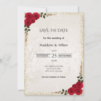 Elegant Gold Romantic Red Roses Wedding Save The Date