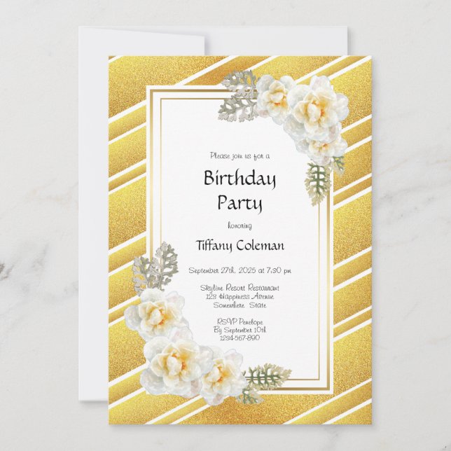 Elegant Gold Rose Birthday Party Invitation (Front)