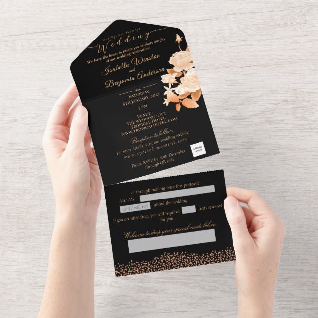 Elegant Gold Rose Black Wedding All In One Invitation (Tearaway)