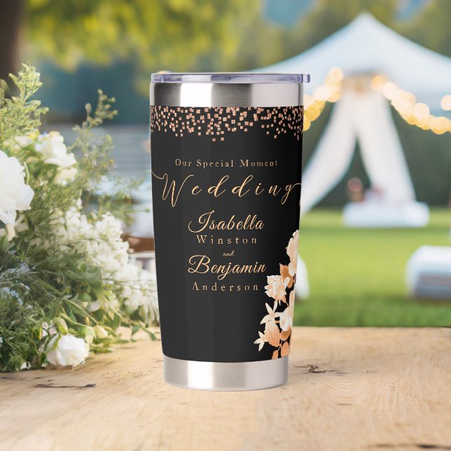 Elegant Gold Rose Black Wedding Insulated Tumbler (Wedding)