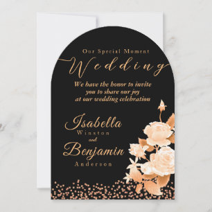 Elegant Gold Rose Black Wedding Invitation Card